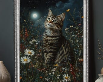Moonlit Tabby Cat Art Print, Mystical Night Garden Painting, Whimsical Feline Wall Art, Cottagecore Celestial Cat Lover Gift