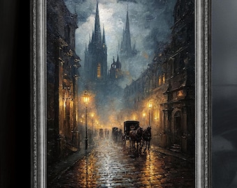 Victorian Gothic Street Scene Art Print, Dark Academia Cityscape, Moody Horse Carriage Painting, Rainy Cobblestone Wall Art