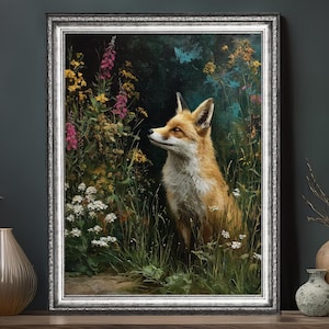 Young Fox in Wildflowers Art Print, Rustic Woodland Wall Decor, Red Fox Illustration, Cottagecore Forest Animal Print, Botanical Nature Art
