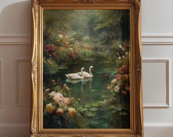 Romantic Swan Couple Art Print, Cottagecore Lake Painting, Vintage Floral English Garden Wall Decor, Victorian Aesthetic Nature Artwork