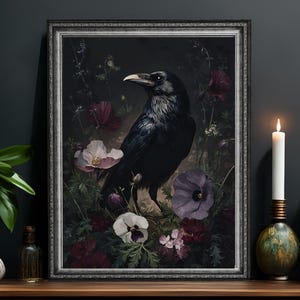Gothic Raven Art Print: Dark Floral Crow, Whimsigoth Decor