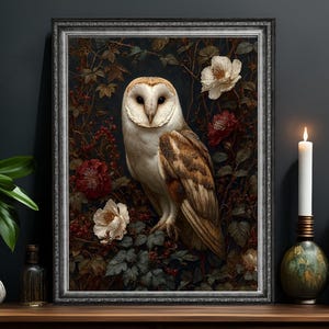 Barn Owl Floral Art Print: Dark Cottagecore Gothic Wall Decor