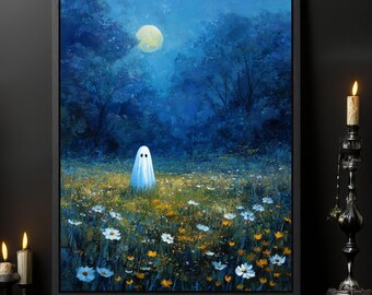May include: A framed art print shows a night scene with a white ghost in a wildflower field under a full moon. Dark trees form the background. The artwork is displayed on a black surface with lit candles in ornate holders.