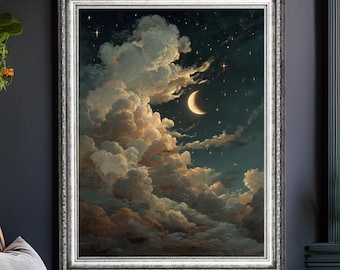 May include: A framed print showcases a night sky with a crescent moon and stars. The artwork features fluffy clouds in white, beige, and brown. The print is set in a silver frame, enhancing the celestial theme and adding a touch of sophistication.