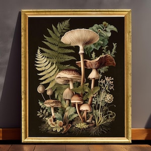 Vintage Mushroom & Fern Botanical Print: Cottagecore Wall Art