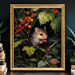 Waldmaus Kunstdruck, Naturforscher Cottagecore Siebenschläfer im Beerenstrauch, Waldtier Wanddekor, Vintage Natur Illustration