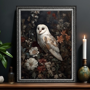 Barn Owl Floral Art Print: Mystical Woodland Decor