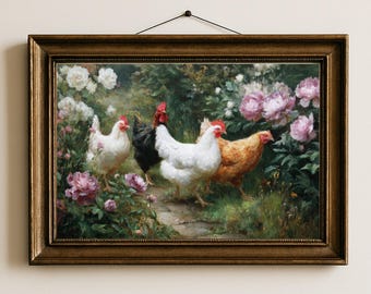Wunderliche Hühner Garten-Kunstdruck, Cottagecore Bauernhaus-Wand-Dekor, Blumenpastellhuhn-Malerei, rustikale Landhaus-Küchenkunst
