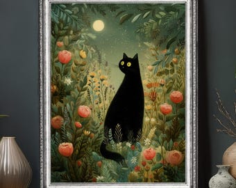 Black Cat Garden Art Print: Whimsical Moonlit Meadow