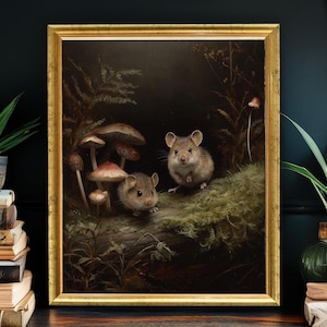 Waldmaus Art Print – Zwei Mäuse, Pilze, Waldtiere Dekoration, Cottagecore Wandkunst, Leinwanddruck