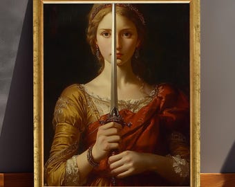 Renaissance Woman Warrior with Sword Art Print: Dark Academia Portrait, Powerful Female Art
