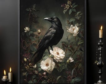 Gothic Raven & Gardenias Art Print: Dark Academia Home Decor