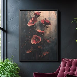 Dark Romantic Moody Dried Poppies Art Print, Grunge Floral Canvas Wall Decor, Vintage Botanical Poster, Dramatic Still Life Nature Artwork