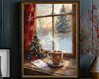 Cozy Winter Cocoa Mug Art Print, Christmas Tree Window Scene Painting, Holiday Home Decor, Snowy Landscape Wall Art, Hygge Gift