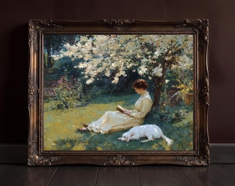 Woman Reading Under Blossom Tree Art Print, Romantic Impressionist Painting, Spring Garden Wall Art, Vintage Cottagecore Decor