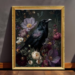 Gothic Raven and Wildflower Art Print: Whimsigoth Dark Nature Decor