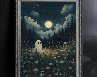 May include: Framed artwork depicting a ghost in a field of white flowers under a full moon. The night scene includes dark trees, fluffy clouds, and a starry sky. The artwork is in a silver frame, creating a spooky yet serene atmosphere.