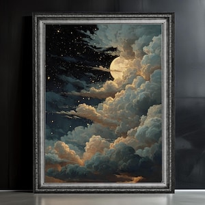 Moon and Clouds Art Print: Dreamy Celestial Night Sky