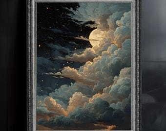 Moon and Clouds Art Print: Dreamy Celestial Night Sky