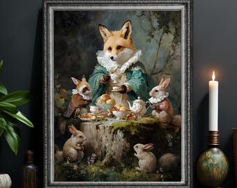 Whimsical Woodland Tea Party Art Print: Fox, Bunny & Squirrels
