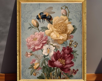 Vintage Bee & Peony Art Print: Romantic Cottagecore Botanical Illustration
