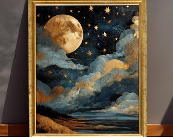 Celestial Moon Print, Mixed Media Night Sky Artwork, Dreamy Starry Night Sky, Boho Moon and Stars Wall Art