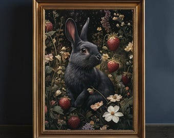 Black Bunny Strawberry Print: Dark Cottagecore Rabbit Wall Art