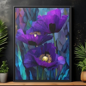 May include: A framed canvas art print featuring three large, vibrant purple poppy flowers with dark centers and yellow stamens. The background has a mosaic of blue, teal, and purple hues. The artwork is displayed on a wooden surface.