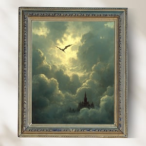 May include: A framed fantasy artwork featuring a dragon silhouetted against a bright sky above a castle. The artwork is set within a decorative frame with gold and blue accents. The scene evokes a sense of mystery and adventure.