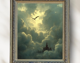May include: Framed artwork depicting a dramatic fantasy scene. A dark silhouette of a dragon flies above a castle shrouded in clouds. The artwork is framed in a decorative gold and blue frame, adding a touch of elegance to the fantasy theme.