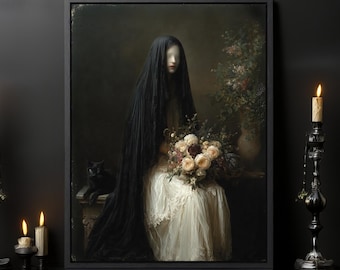 Gothic Mourning Portrait Print: Ghost Bride, Black Cat & Funeral Flowers