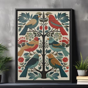 Folk Art Bird Tree Print – Kolorowe płótno inspirowane naturą w stylu skandynawskim, fantazyjna sztuka ścienna z motywem botanicznym, rustykalny wydruk na płótnie Cottagecore Decor