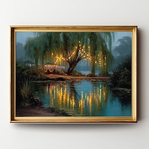 May include: A framed painting depicts a serene waterside scene. A weeping willow tree is illuminated with warm lights, reflecting in the calm water. The artwork is framed in a gold-colored frame, enhancing the tranquil ambiance of the landscape.