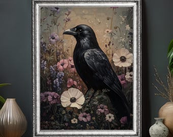 Gothic Raven & Wildflowers Art Print, Dark Whimsigoth Decor, Ravencore Crowcore Print, Whimsical Crow Art