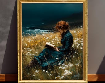 Moody Coastal Meadow Art Print: Woman Reading in Wildflowers