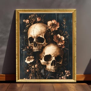 Skull and Floral Art Print – Dark Gothic Wall Decor, Vintage Skull Botanical Canvas, Macabre Romantic Poster, Whimsigoth Aesthetic Art Print