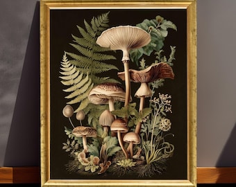 Vintage Mushroom & Fern Botanical Print: Cottagecore Wall Art