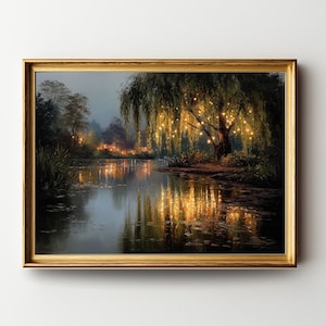 May include: A framed landscape painting depicts a serene waterscape at dusk. A weeping willow tree, illuminated with warm lights, hangs over the water, reflecting the lights and the distant shoreline. The frame is gold.