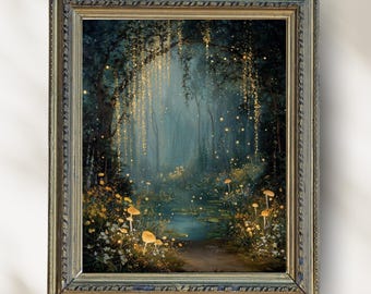 Enchanted Forest Art Print, Fairy Light Woodland Wall Art, Mystical Nature Decor, Dark Cottagecore Print, Magical World Painting