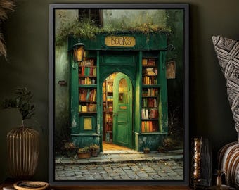 Quirky Bookshop Art Print, Whimsical Library Painting, Dark Academia Wall Art, Vintage Book Lover Gift, Literary Book Nook Decor