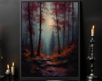 Lámina decorativa de un sendero otoñal en un bosque con niebla – Decoración mística de la naturaleza del bosque, pintura de paisaje otoñal.