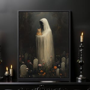 Grim Reaper Cat Art Print: Gothic Graveyard, Spirit Guide, Death and His Orange Kitty Print