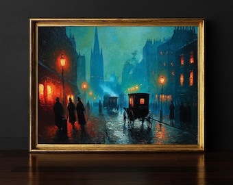 Impresión de arte callejero de una ciudad victoriana, escena de carruaje nocturno melancólico, pintura de paisaje urbano con farolas de gas, arte callejero de adoquines lluviosos