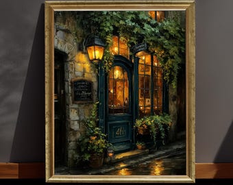 Lámina "Café parisino de noche": Escena de bistró vintage, arte mural de estilo Dark Academia.