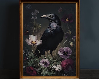 Gothic Raven Art Print: Dark Floral Crow, Whimsigoth Decor, Moody Ravencore Art Print