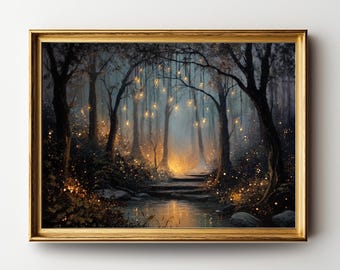 Enchanted Forest Art Print, Glowing Woodland Path, Magical Night Landscape, Fairy Light Fireflies Forest Art, Moody Mystical Decor
