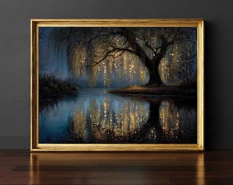 Enchanted Twilight Willow Tree Fairy Lights Art Print, Moody Magical Lake Reflection Landscape, Dreamy Twilight Fireflies Nature Art