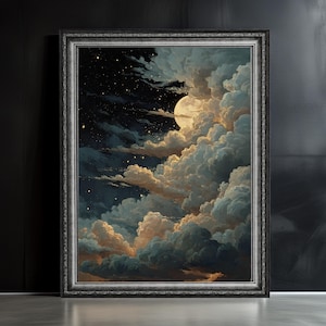 May include: Framed artwork depicting a night sky scene with a full moon and clouds. The painting features a dark blue sky filled with stars, a bright moon, and fluffy, illuminated clouds in shades of white, gold, and blue. The frame is silver.