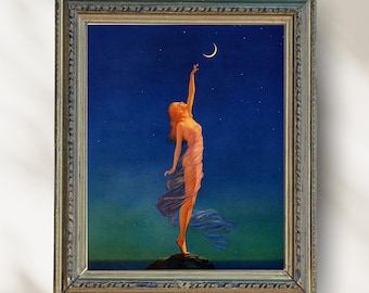 Vintage Moon Goddess Art Print, Celestial Woman Illustration, Retro Night Sky Wall Art, Ethereal Mythic Decor, Starry Goddess Poster