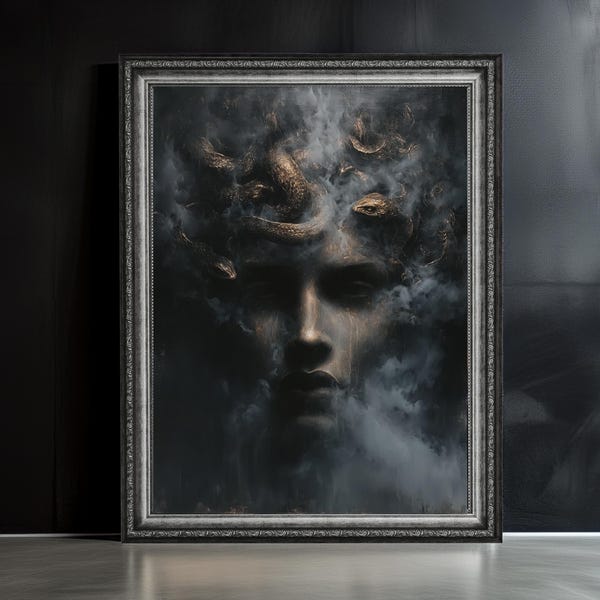 Lámina artística de Medusa: Mitología griega gótica, arte mural de estilo Dark Academia.